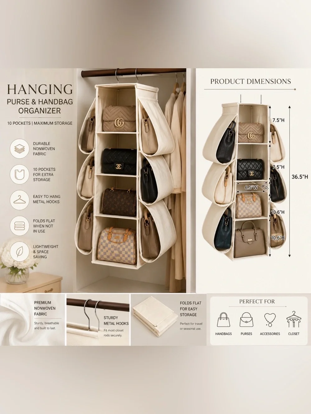 Hanging Closet Organizer with Six Pockets and Four Shelves
